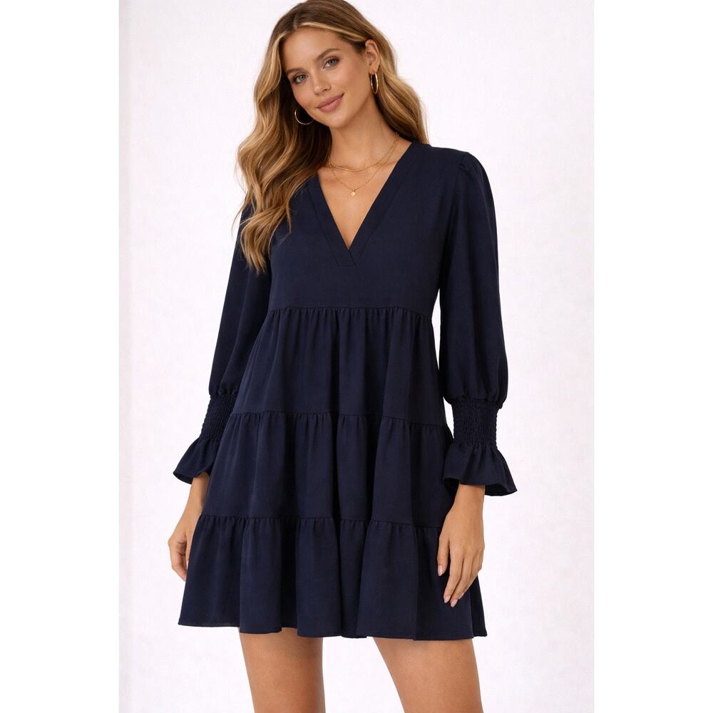 Pomander Place Navy Tiered Dress XXL Long Sleeve Babydoll V-Neck Smocked Cuffs